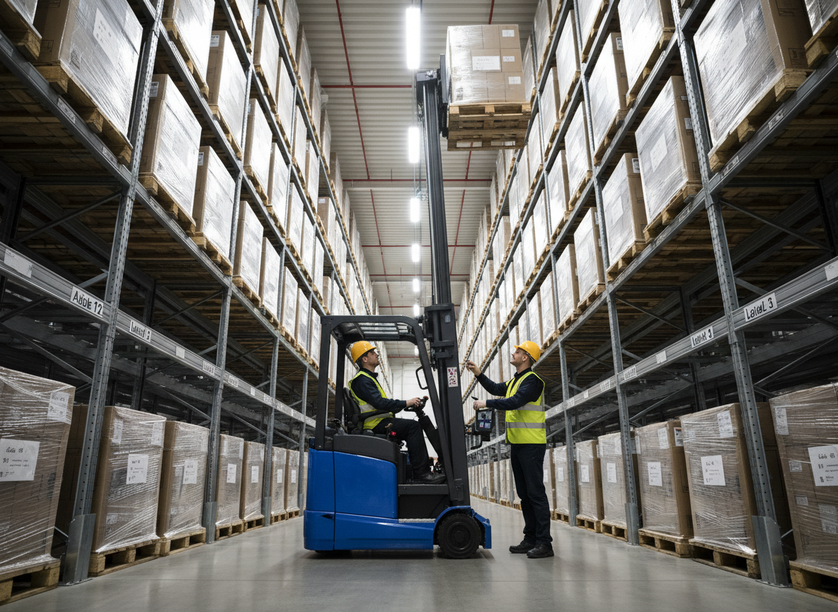 A compact, modern reachtruck in corporate blue positioned between tall, narrow warehouse racks, its telescopic mast extended to an upper pallet position as part of a training scenario. The metal of the mast and chassis has a clean, matte finish, while the forks catch a soft sheen from overhead lights. The warehouse aisle is long and symmetrical, with evenly stacked pallets and clear numbering on each level. Cool, even LED lighting runs along the ceiling, creating a crisp, shadow-controlled environment. Photographed from a low-angle perspective in photographic realism, the composition emphasizes height, precision, and control, conveying a focused and professional atmosphere ideal for reachtruck certification courses.