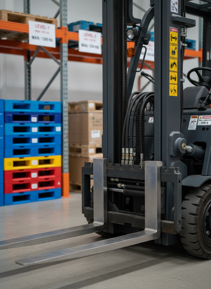 A detailed close-up of a forklift’s front section showing the metal forks, carriage, and mast with clearly visible hydraulic hoses and safety decals, all in pristine condition. The steel surfaces have a subtle texture with slight wear marks, reflecting the soft overhead warehouse lighting. Behind the forks, faintly blurred, stand color-coded pallets and a segment of rack with clearly marked load capacity signs. The camera is positioned at low, three-quarter angle in photographic realism, highlighting depth and structure of the mechanical components. The mood is technical, precise, and professional, emphasizing safety, maintenance awareness, and the high standards expected during forklift training and re-certification.