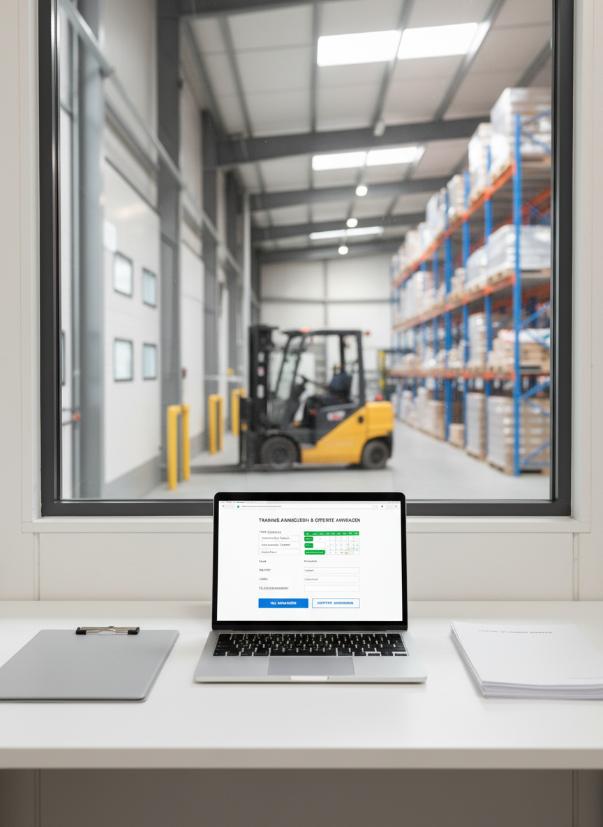 A clean digital workstation set up in a small on-site office overlooking an industrial hall, featuring a slim, modern laptop displaying a clear, structured online signup form for forklift and reachtruck courses. The form shows selectable training dates, course options, and a visible button labeled in Dutch, suggesting local context. On the minimalist white desk lie a closed clipboard and a neatly stacked set of blank forms. Through the large interior window, a forklift and ordered pallet racking are softly out of focus. Neutral, natural light from a side window combines with gentle overhead lighting. Captured straight-on in photographic realism, the composition is calm, efficient, and businesslike, emphasizing an easy registration and quote process.
