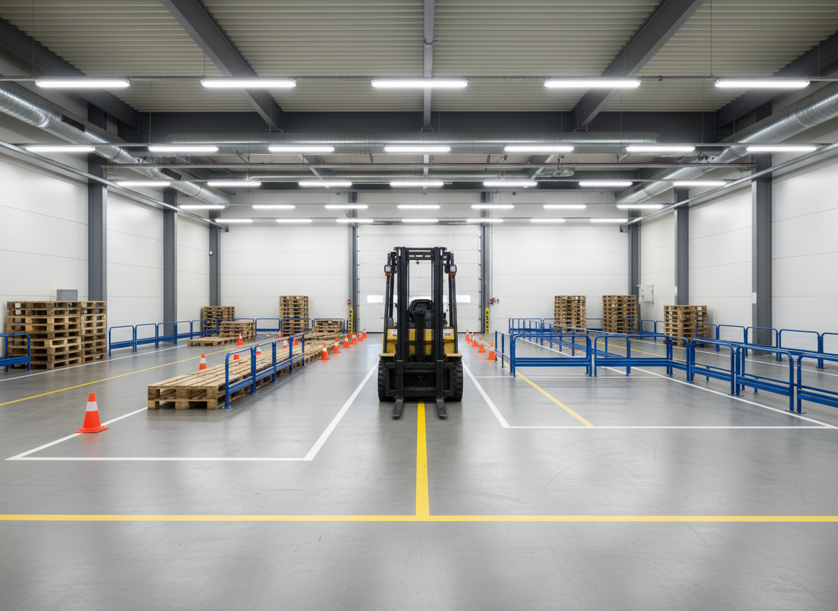 A neat training setup with a standard counterbalance forklift carefully aligned in front of a practice obstacle course made of Euro pallets, safety cones, and low rack sections, all within a tidy industrial hall. Clear floor markings in white and yellow define driving lanes and parking zones on the smooth concrete. Overhead LED lighting provides even, bright illumination without harsh shadows, emphasizing clarity and safety. Captured from a slightly elevated angle with photographic realism, the image shows the full layout, from the mast and forks to the planned maneuvering path. The mood is organized, methodical, and professional, highlighting a structured environment for forklift driver education on location.