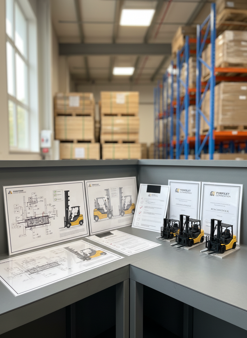 An organized training corner featuring a sturdy metal worktable with neatly arranged laminated training materials: detailed schematics of forklifts, printed checklists for daily inspections, and sample certificates laid out in clear view. Beside them stand two realistic scale models of a forklift and reachtruck in matching corporate colors. In the background, blurred but recognizable, stand pallet stacks and a section of warehouse racking. Soft, indirect daylight from side windows combines with warm overhead lighting, producing a balanced, inviting glow. Shot at a slightly elevated angle with shallow depth of field and photographic realism, the mood is professional yet approachable, ideal for illustrating the theoretical side of forklift and reachtruck training on location.